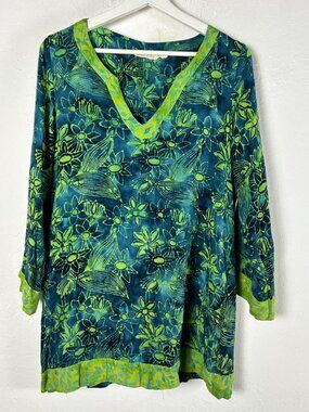 Soft Surroundings Womens Anaisha Tunic Blue Lime Green Floral Batik V-Neck Small